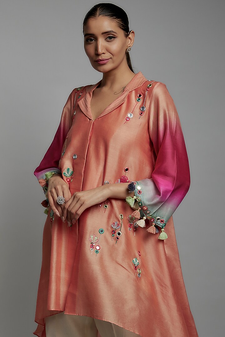 Pink Chanderi Silk Hand Embroidered Tunic Set by Loka By Veerali Raveshia at Pernia's Pop Up Shop