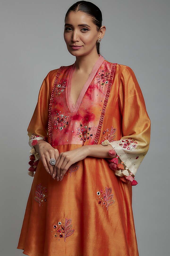 Orange Chanderi Silk Hand Embroidered Co-Ord Set by Loka By Veerali Raveshia at Pernia's Pop Up Shop