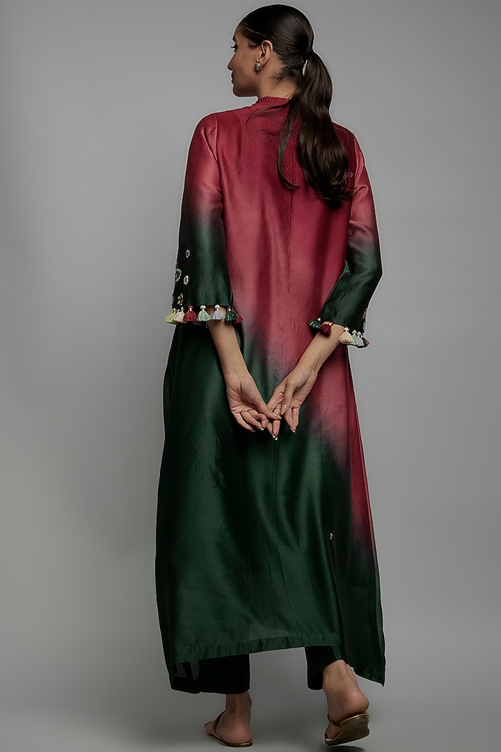 Red & Bottle Green Chanderi Silk Hand Embroidered Kurta Set by Loka By Veerali Raveshia at Pernia's Pop Up Shop