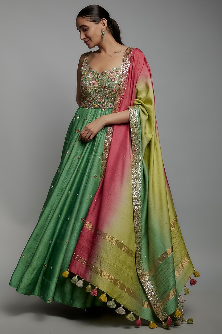 Green Dupion Silk Resham Embroidered Wedding Anarkali Set by Loka By Veerali Raveshia at Pernia's Pop Up Shop