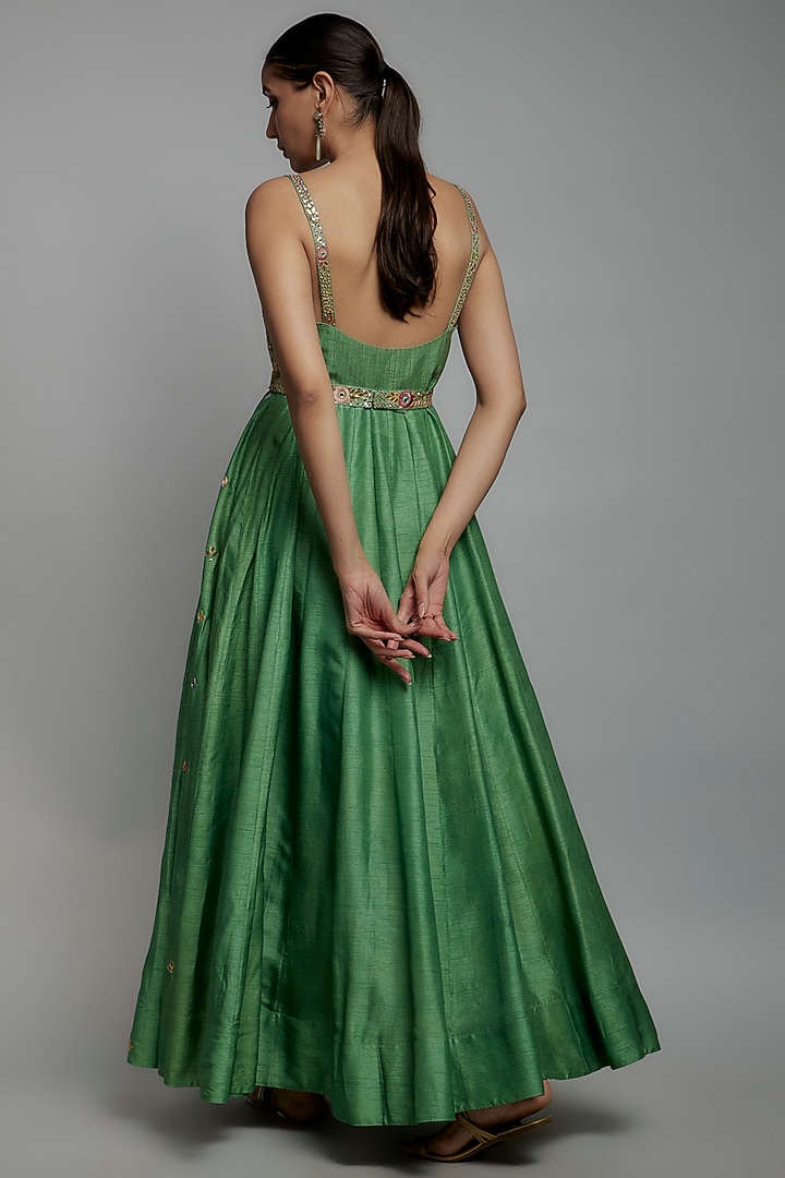 Green Dupion Silk Resham Embroidered Wedding Anarkali Set by Loka By Veerali Raveshia at Pernia's Pop Up Shop