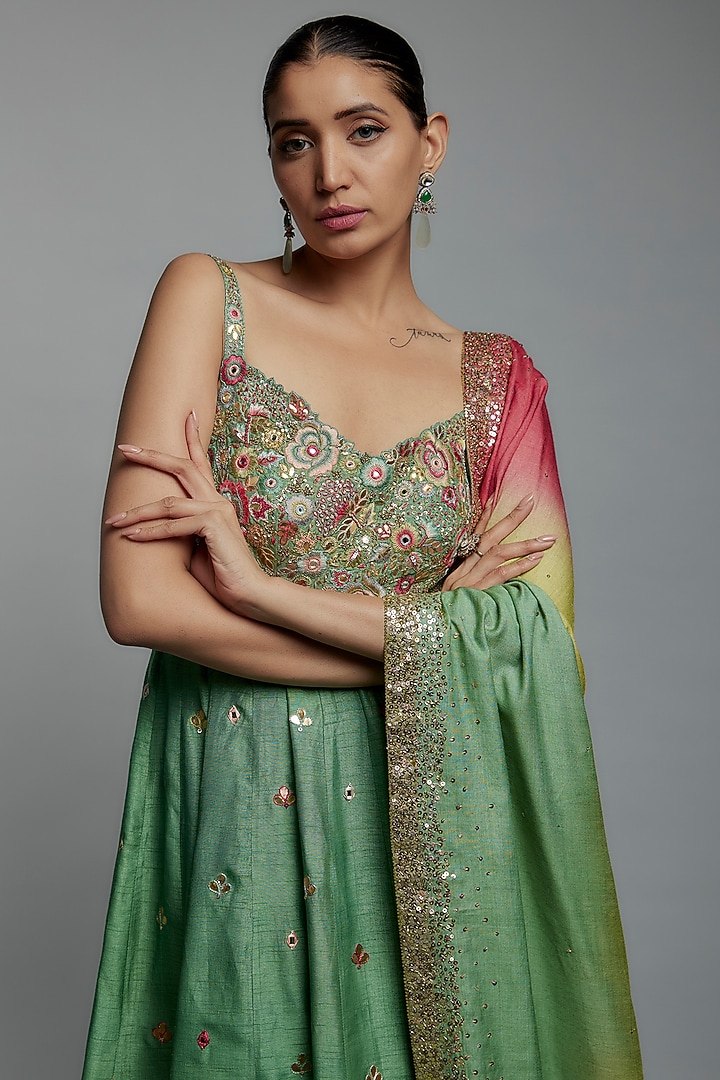 Green Dupion Silk Resham Embroidered Wedding Anarkali Set by Loka By Veerali Raveshia at Pernia's Pop Up Shop