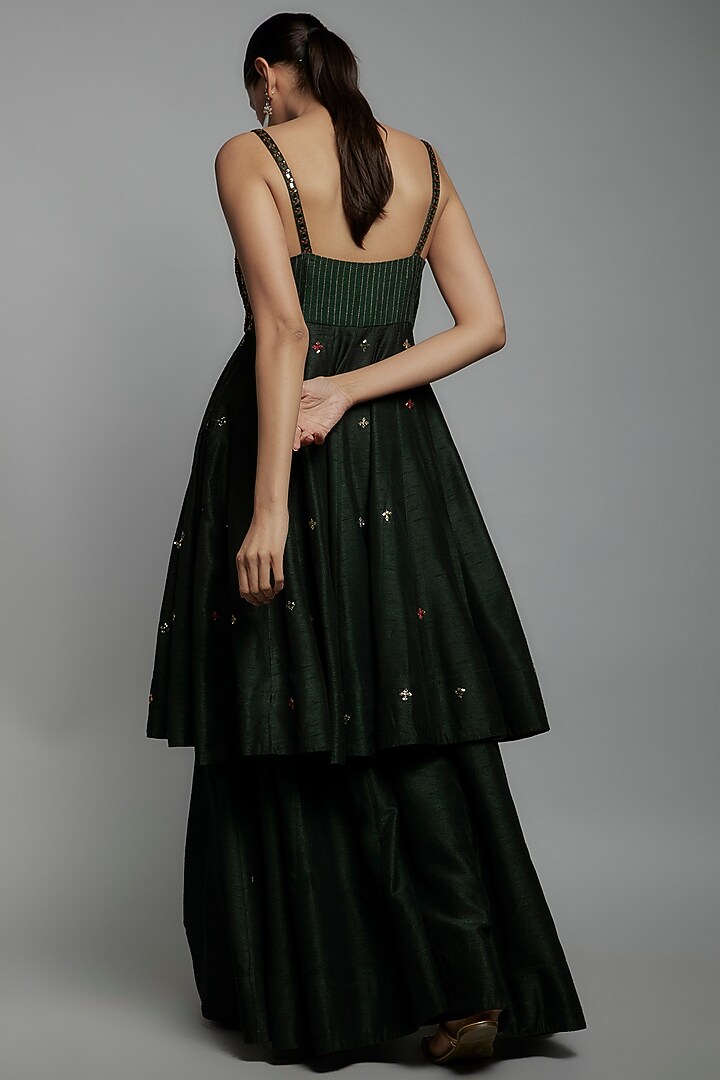Bottle Green Dupion Silk Hand Embroidered Kalidar Kurta Set by Loka By Veerali Raveshia at Pernia's Pop Up Shop