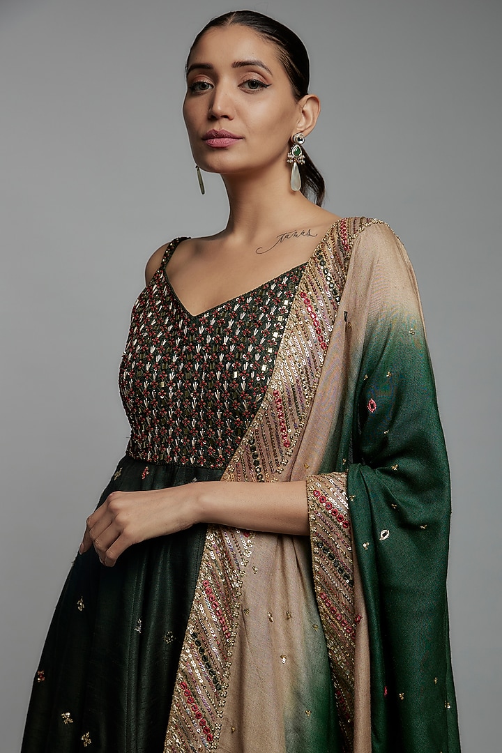 Bottle Green Dupion Silk Hand Embroidered Kalidar Kurta Set by Loka By Veerali Raveshia at Pernia's Pop Up Shop