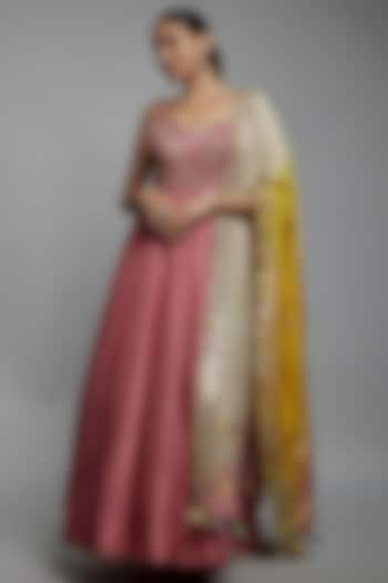 Pink Dupion Silk Hand Embroidered Anarkali Set by Loka By Veerali Raveshia at Pernia's Pop Up Shop