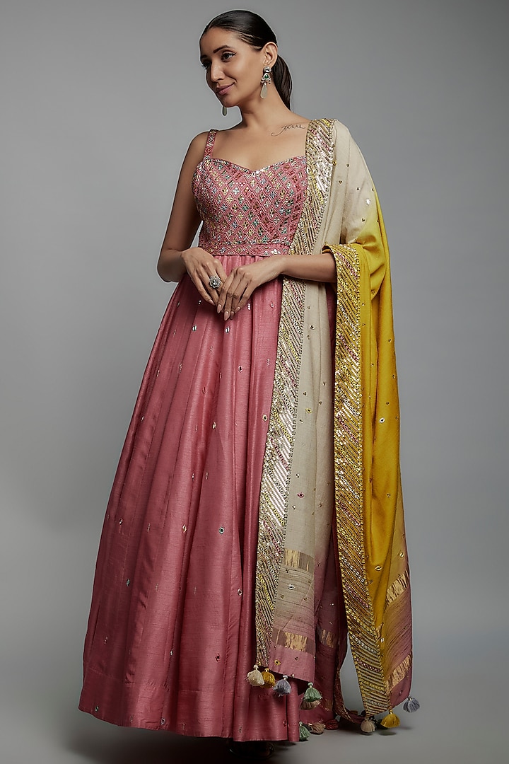 Pink Dupion Silk Hand Embroidered Anarkali Set by Loka By Veerali Raveshia at Pernia's Pop Up Shop