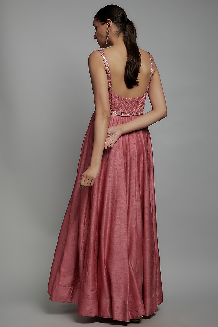 Pink Dupion Silk Hand Embroidered Wedding Anarkali Set by Loka By Veerali Raveshia at Pernia's Pop Up Shop
