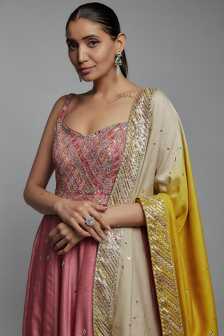 Pink Dupion Silk Hand Embroidered Wedding Anarkali Set by Loka By Veerali Raveshia at Pernia's Pop Up Shop