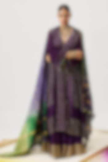 Purple Chanderi Silk Sequins Embroidered Wedding Sharara Set by LOKA By Veerali Raveshia at Pernia's Pop Up Shop