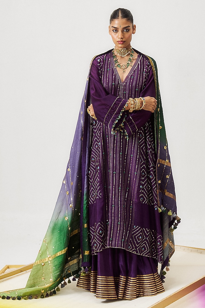 Purple Chanderi Silk Sequins Embroidered Wedding Sharara Set by LOKA By Veerali Raveshia at Pernia's Pop Up Shop