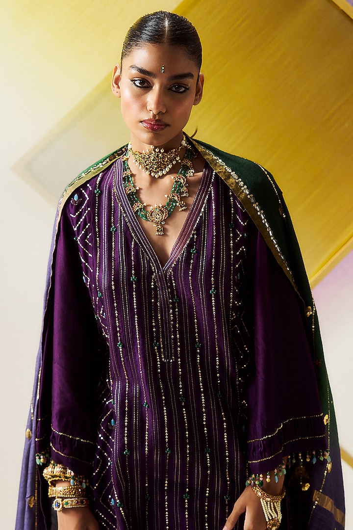 Purple Chanderi Silk Sequins Embroidered Wedding Sharara Set by LOKA By Veerali Raveshia at Pernia's Pop Up Shop