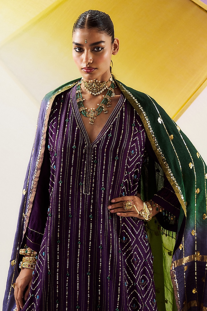 Purple Chanderi Silk Sequins Embroidered Wedding Sharara Set by LOKA By Veerali Raveshia at Pernia's Pop Up Shop