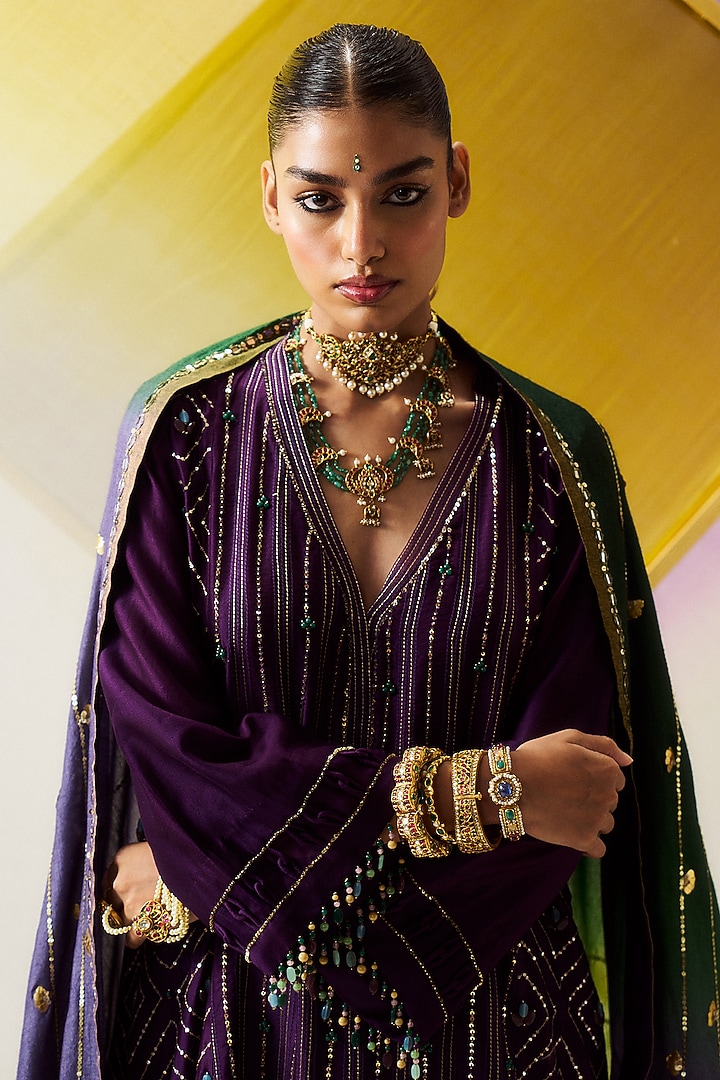Purple Chanderi Silk Sequins Embroidered Wedding Sharara Set by LOKA By Veerali Raveshia at Pernia's Pop Up Shop