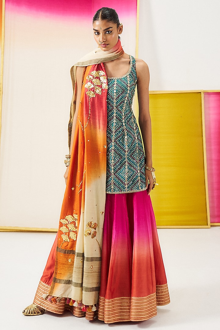 Fuchsia & Coral Orange Ombre Chanderi Silk Gharara Set by LOKA By Veerali Raveshia at Pernia's Pop Up Shop