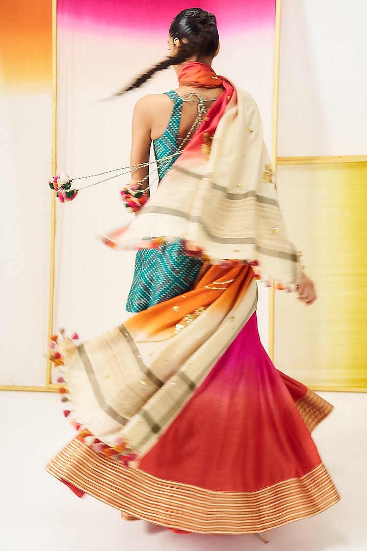 Fuchsia & Coral Orange Ombre Chanderi Silk Gharara Set by LOKA By Veerali Raveshia at Pernia's Pop Up Shop
