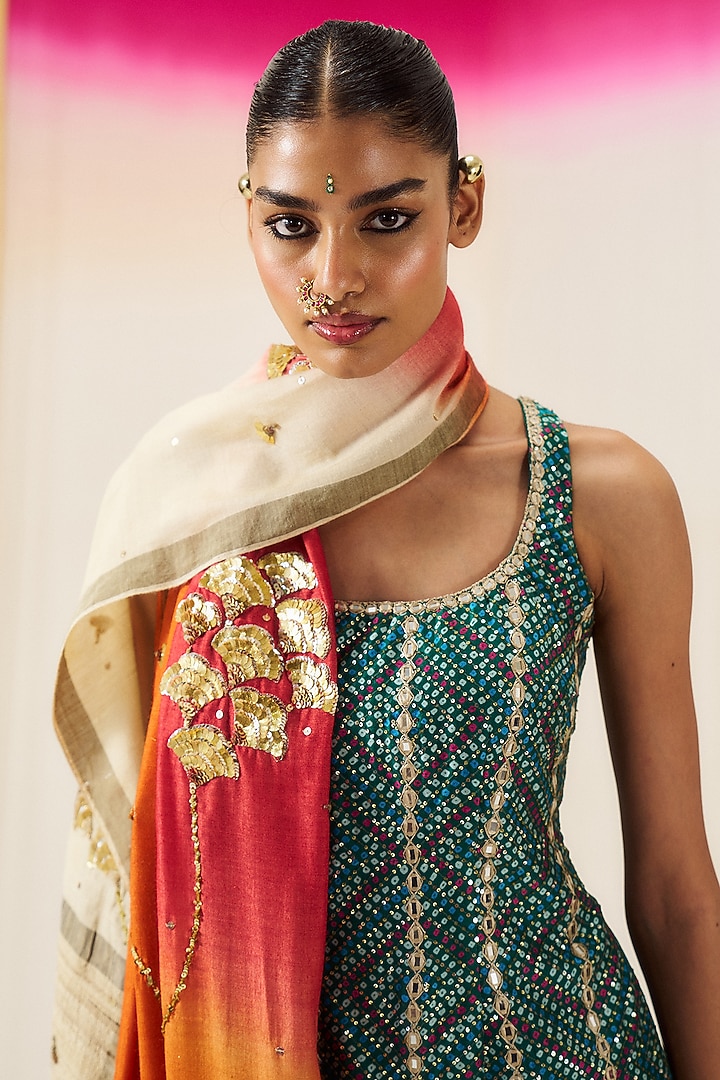 Fuchsia & Coral Orange Ombre Chanderi Silk Gharara Set by LOKA By Veerali Raveshia at Pernia's Pop Up Shop