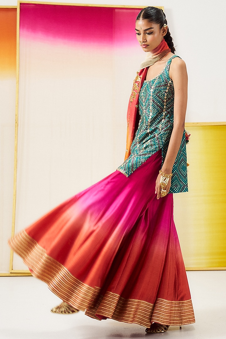 Fuchsia & Coral Orange Ombre Chanderi Silk Gharara Set by LOKA By Veerali Raveshia at Pernia's Pop Up Shop