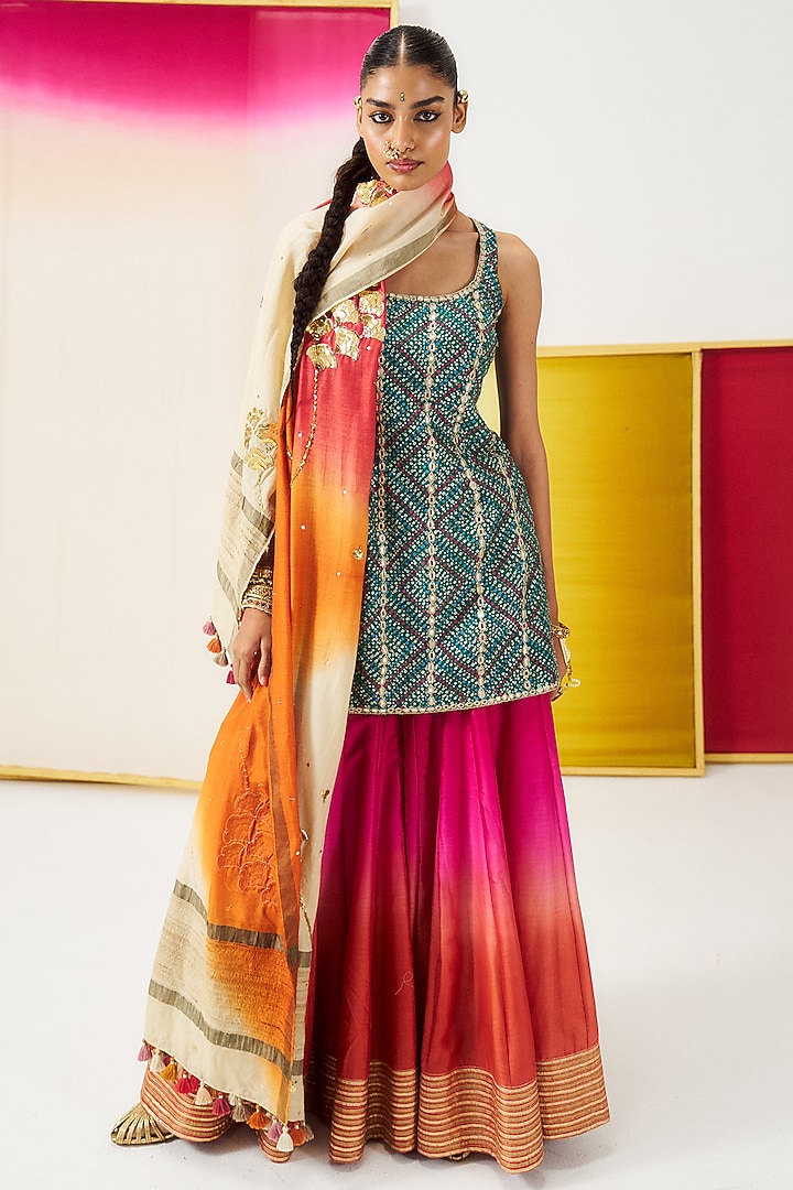 Fuchsia & Coral Orange Ombre Chanderi Silk Gharara Set by LOKA By Veerali Raveshia at Pernia's Pop Up Shop