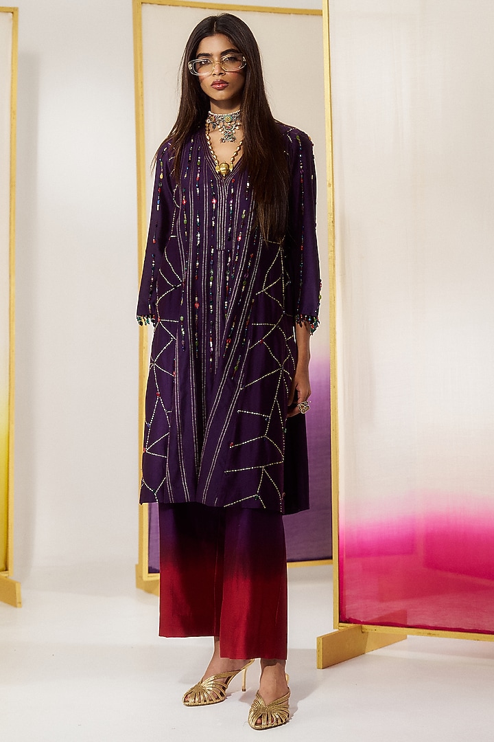 Purple Chanderi Silk Sequins Embroidered Kurta Set by LOKA By Veerali Raveshia at Pernia's Pop Up Shop
