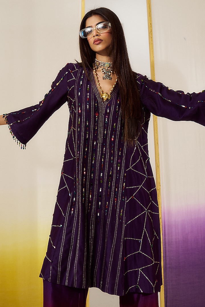Purple Chanderi Silk Sequins Embroidered Kurta Set by LOKA By Veerali Raveshia at Pernia's Pop Up Shop
