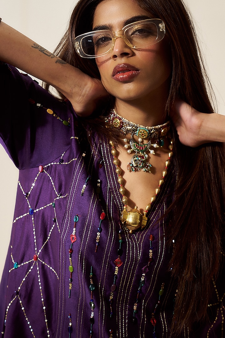 Purple Chanderi Silk Sequins Embroidered Kurta Set by LOKA By Veerali Raveshia at Pernia's Pop Up Shop