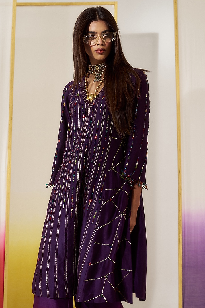 Purple Chanderi Silk Sequins Embroidered Kurta Set by LOKA By Veerali Raveshia at Pernia's Pop Up Shop