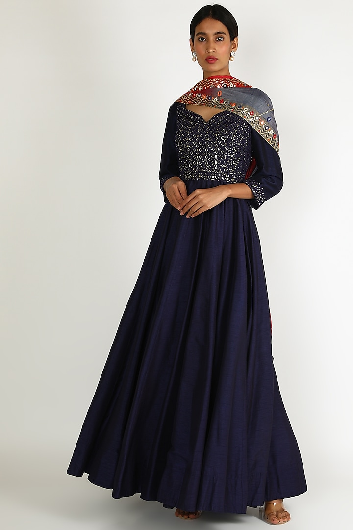 Cobalt Blue Embroidered Anarkali Set by Loka By Veerali Raveshia at Pernia's Pop Up Shop