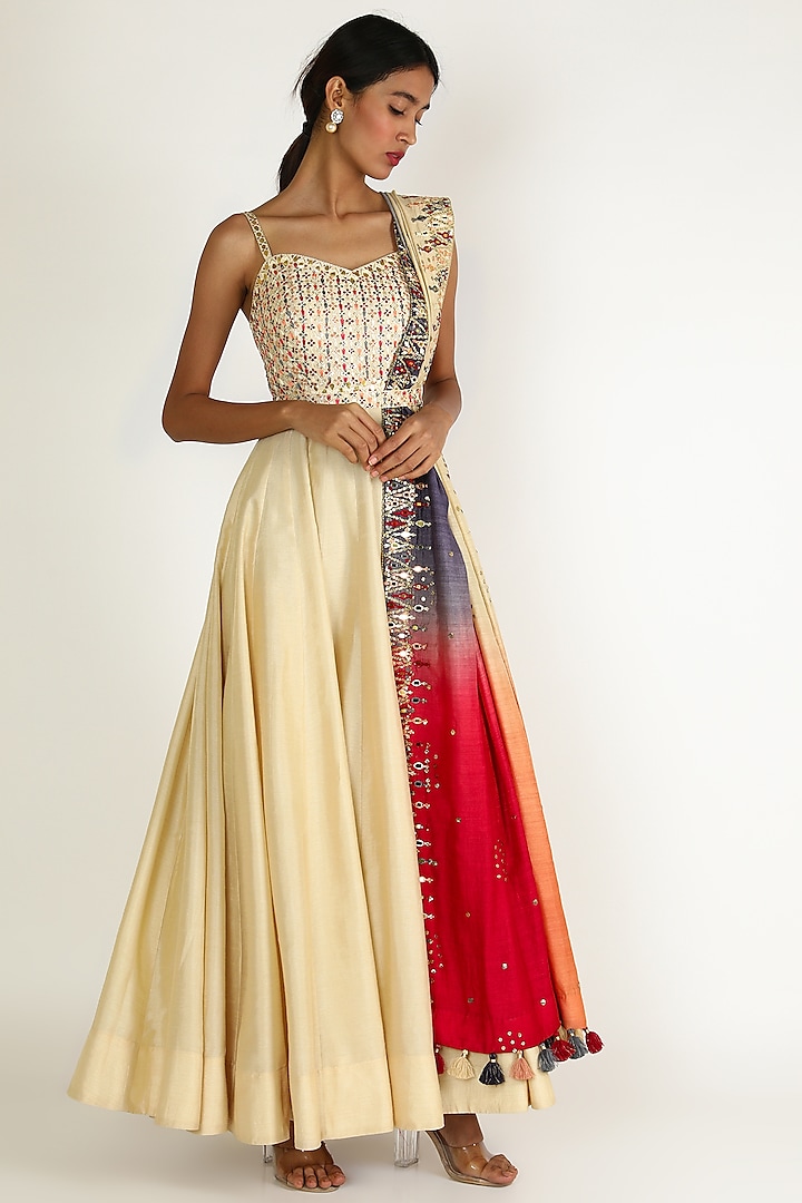Ivory Embroidered Floor Length Cocktail Dress by Loka By Veerali Raveshia at Pernia's Pop Up Shop