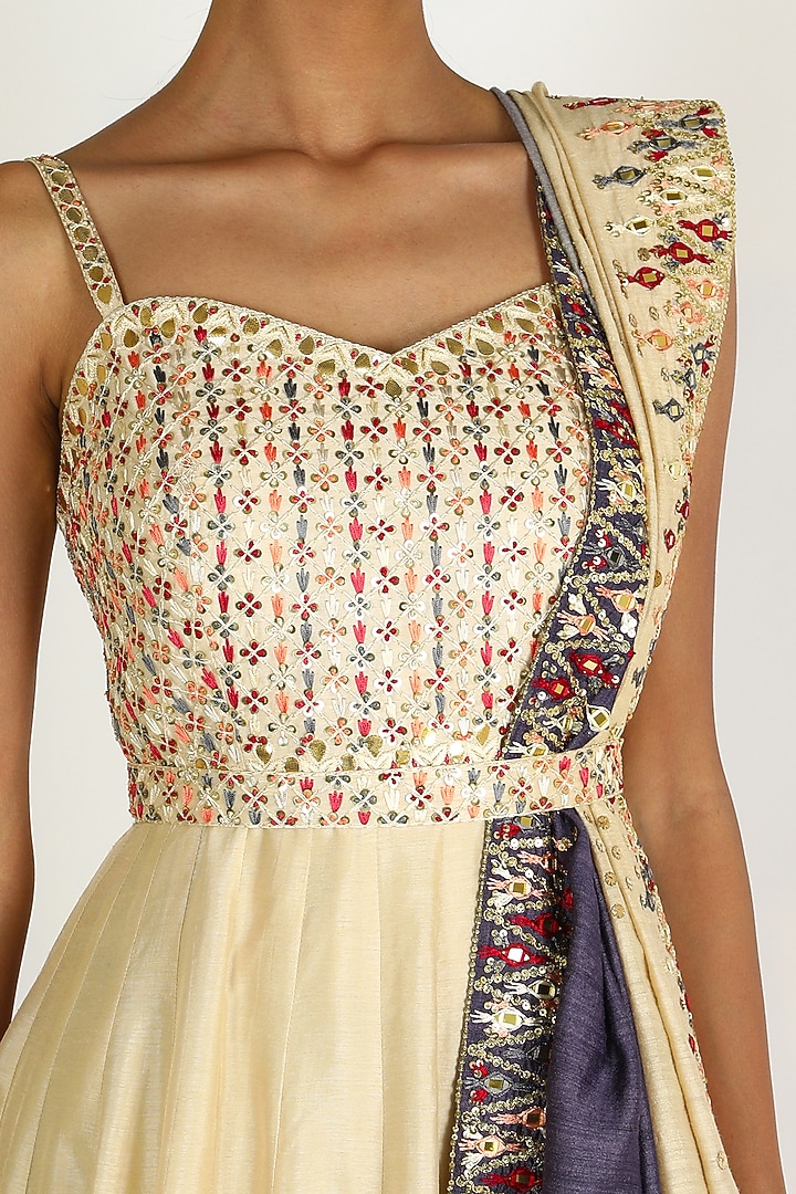 Ivory Embroidered Floor Length Cocktail Dress by Loka By Veerali Raveshia at Pernia's Pop Up Shop