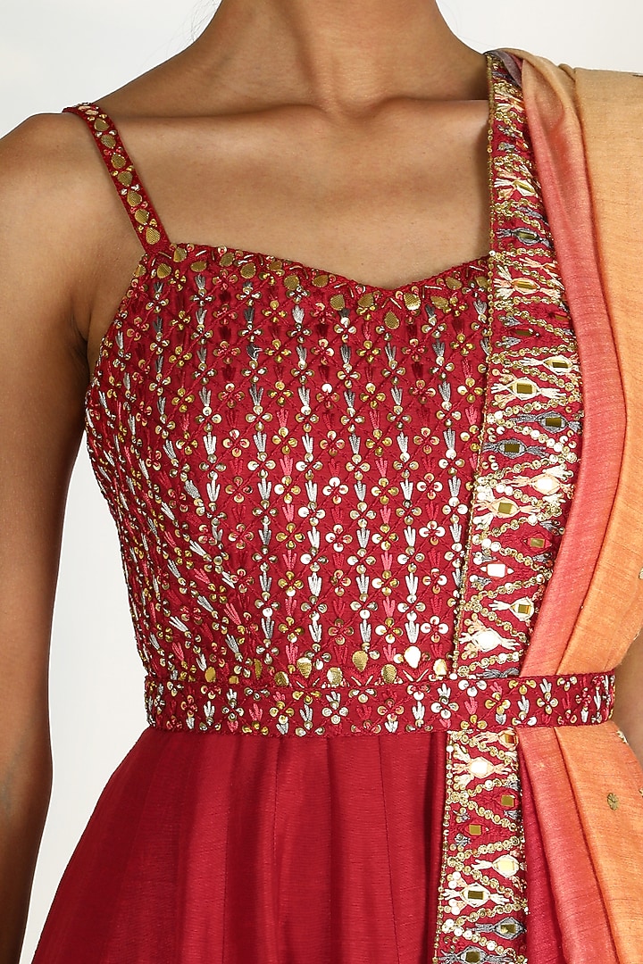 Red Embroidered Floor Length Cocktail Dress by Loka By Veerali Raveshia at Pernia's Pop Up Shop