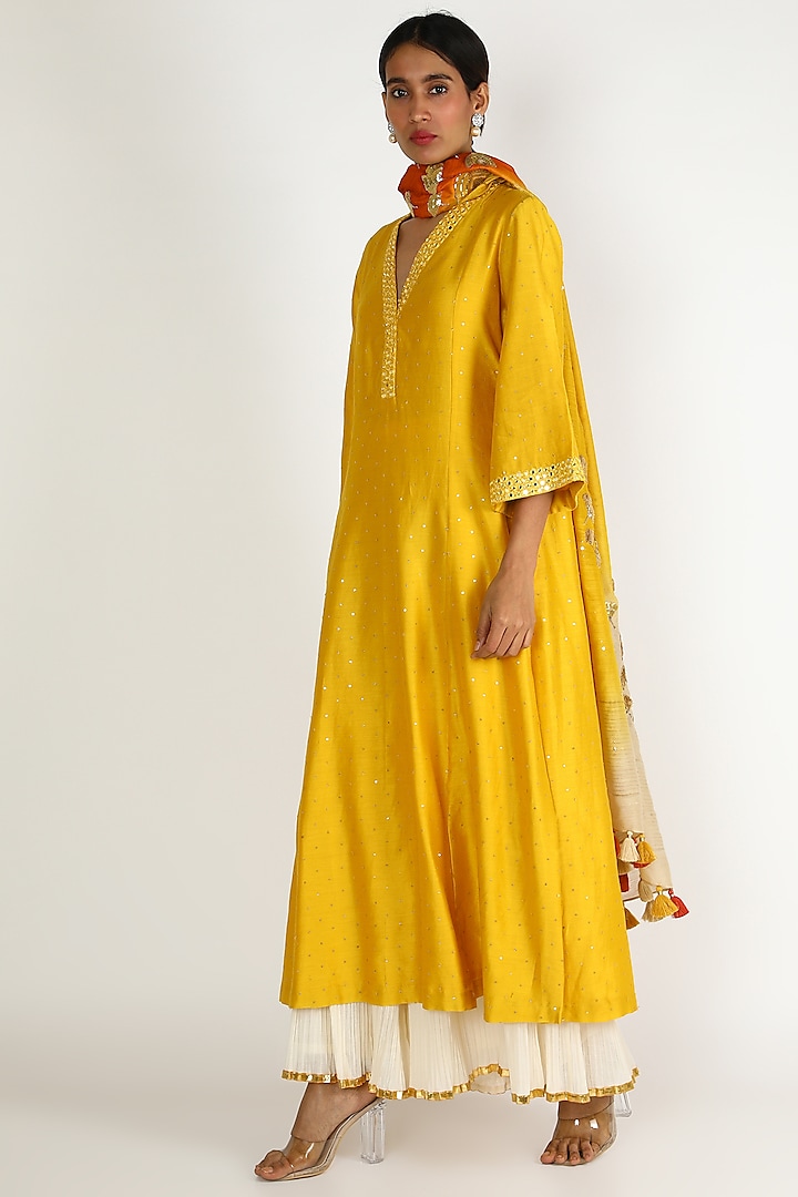 Yellow Embroidered Sharara Set by Loka By Veerali Raveshia
