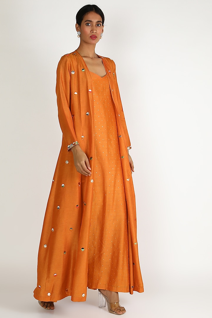 Orange Embroidered Tunic Set by Loka By Veerali Raveshia