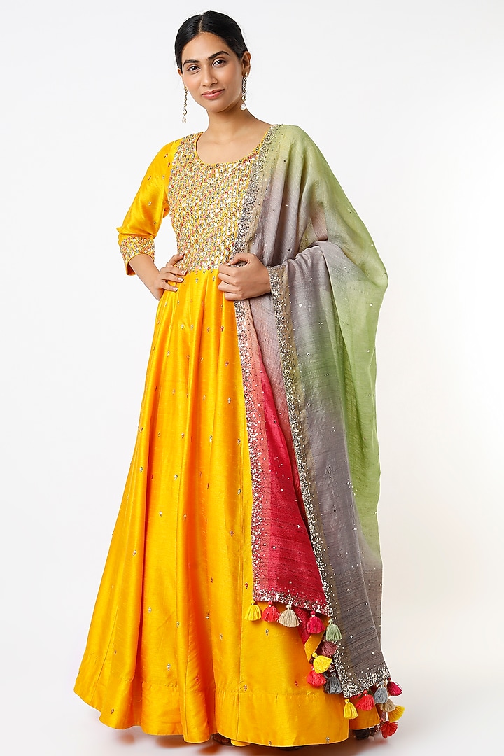 Mango Yellow Hand Embroidered Wedding Anarkali Set by LOKA By Veerali Raveshia at Pernia's Pop Up Shop