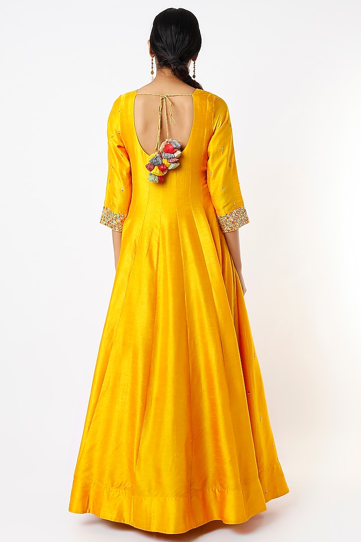 Mango Yellow Hand Embroidered Wedding Anarkali Set by LOKA By Veerali Raveshia at Pernia's Pop Up Shop