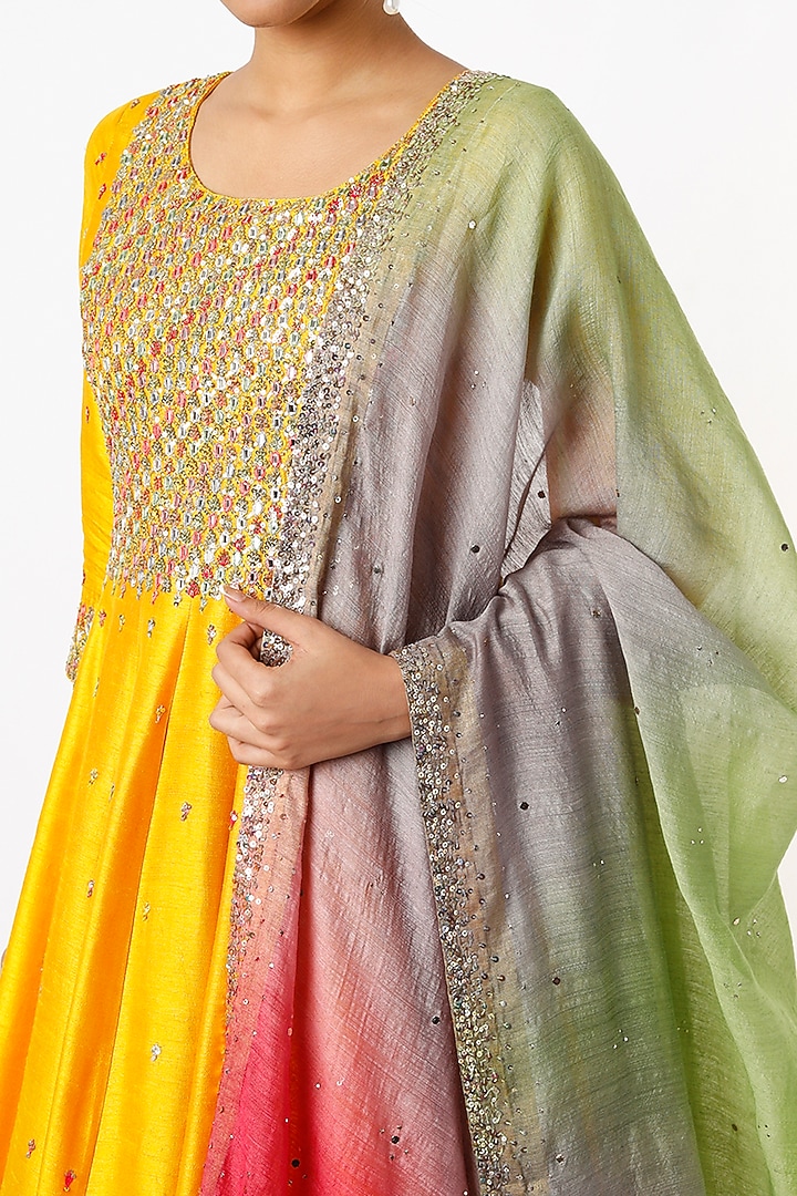 Mango Yellow Hand Embroidered Wedding Anarkali Set by LOKA By Veerali Raveshia at Pernia's Pop Up Shop