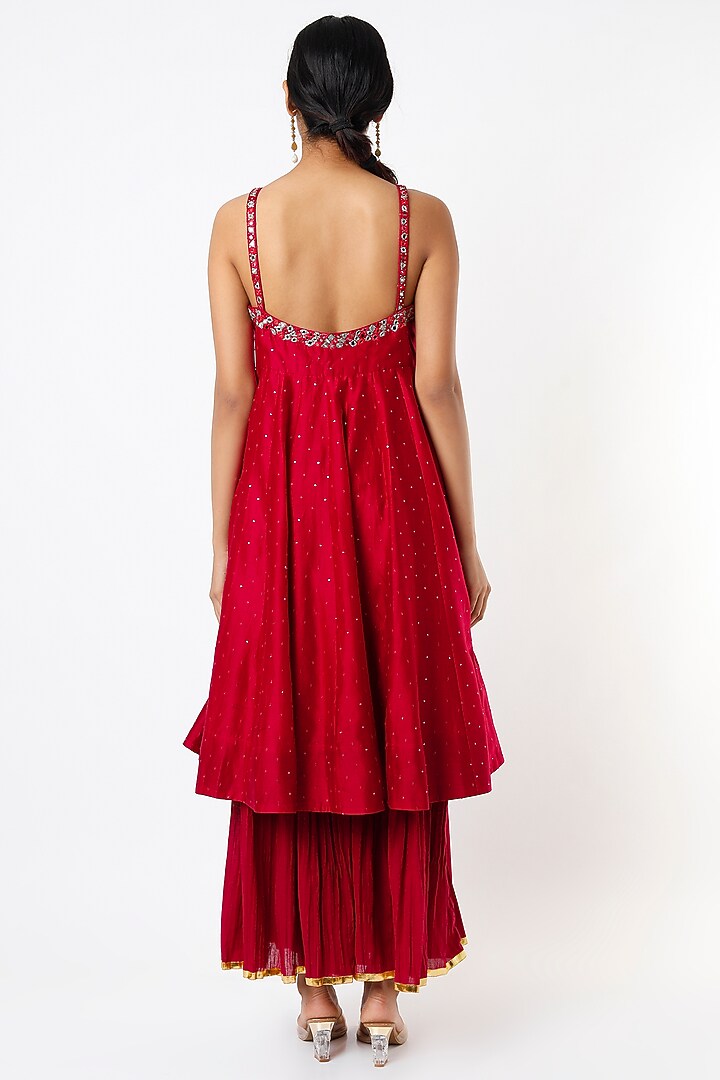 Ruby Red Hand Embroidered Wedding Anarkali Set by LOKA By Veerali Raveshia at Pernia's Pop Up Shop