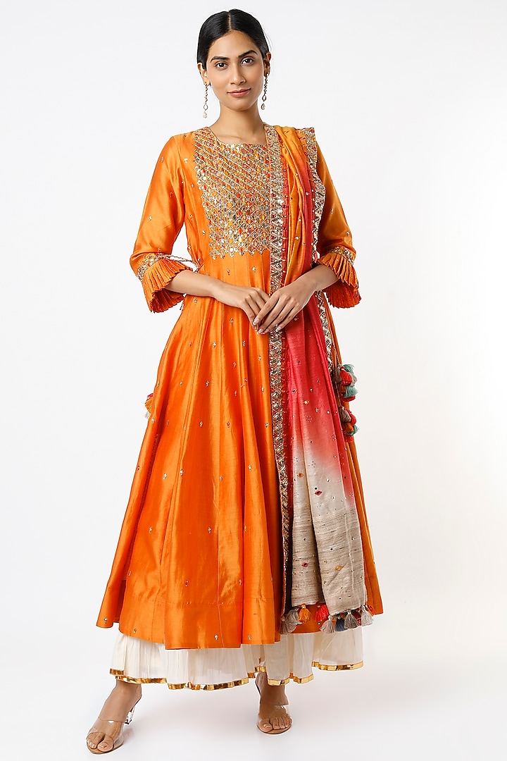 Summer Orange Embroidered Kalidar Anarkali Set by LOKA By Veerali Raveshia