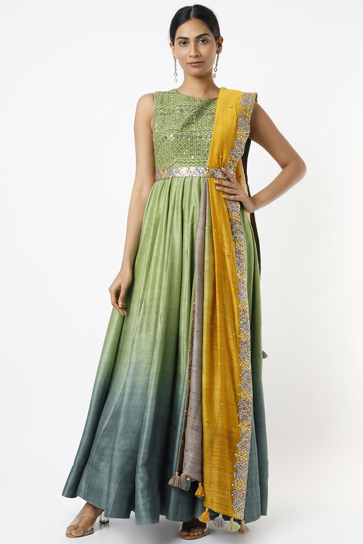 Pista Green & Teal Embroidered Anarkali Set by LOKA By Veerali Raveshia