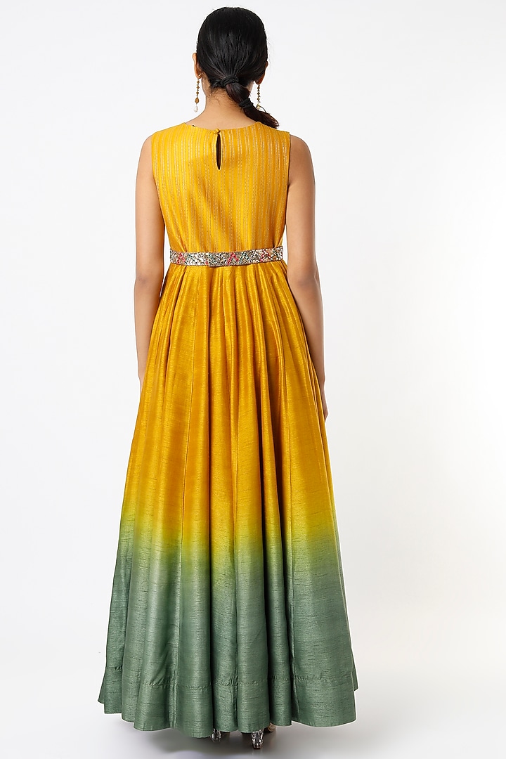Mustard & Teal Embroidered Wedding Anarkali Set by LOKA By Veerali Raveshia at Pernia's Pop Up Shop