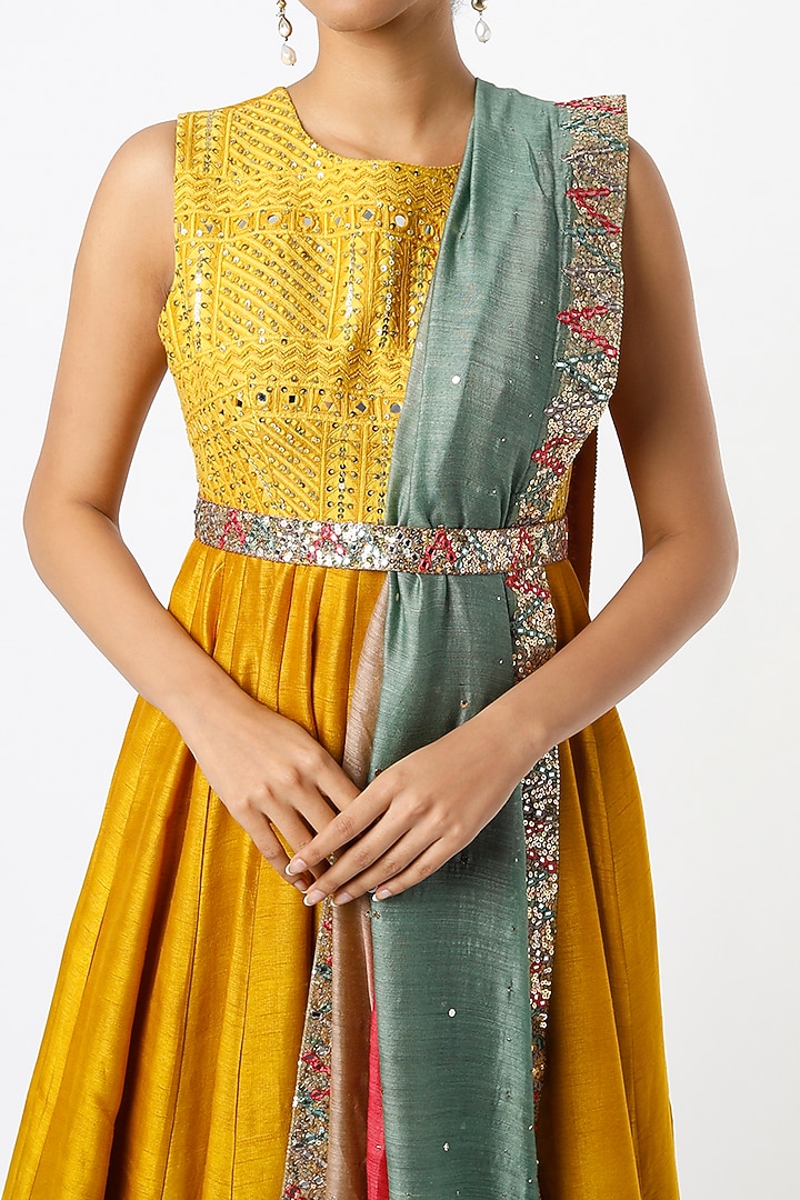 Mustard & Teal Embroidered Wedding Anarkali Set by LOKA By Veerali Raveshia at Pernia's Pop Up Shop