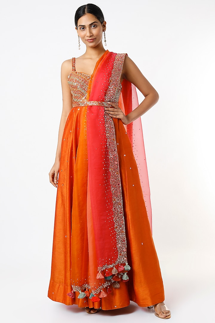 Summer Orange Embroidered Anarkali Set by LOKA By Veerali Raveshia