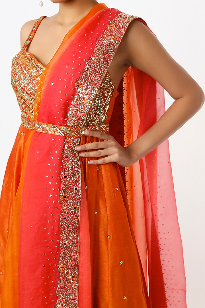 Summer Orange Embroidered Wedding Anarkali Set by LOKA By Veerali Raveshia at Pernia's Pop Up Shop