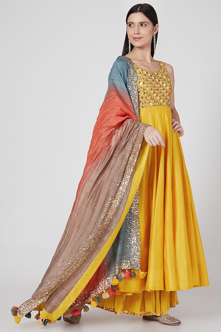 Mango Yellow Sequins Anarkali Set by Loka By Veerali Raveshia