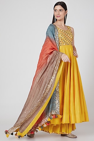Mango Yellow Sequins Anarkali Set by Loka By Veerali Raveshia