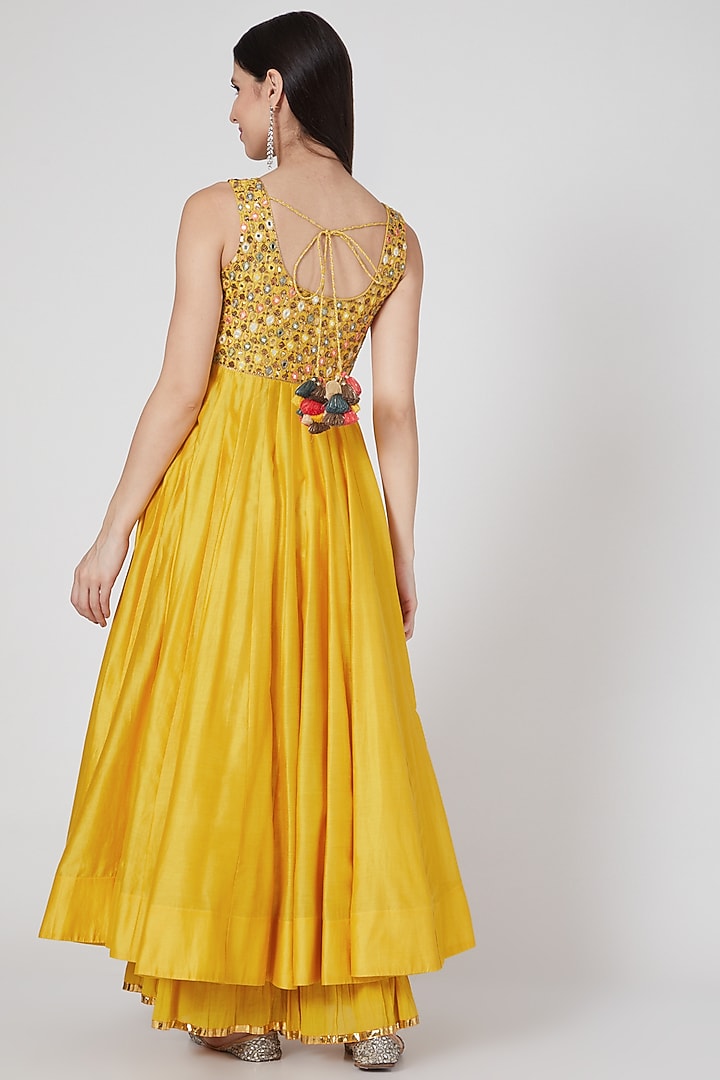 Mango Yellow Sequins Wedding Anarkali Set by Loka By Veerali Raveshia at Pernia's Pop Up Shop