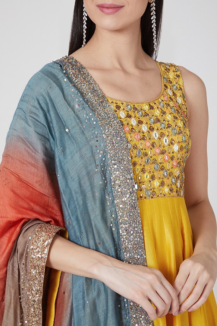 Mango Yellow Sequins Wedding Anarkali Set by Loka By Veerali Raveshia at Pernia's Pop Up Shop