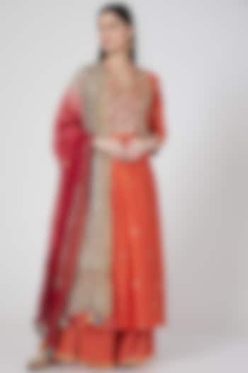 Orange Chanderi Silk Sequins & Mirror Embroidered Kurta Set by Loka By Veerali Raveshia