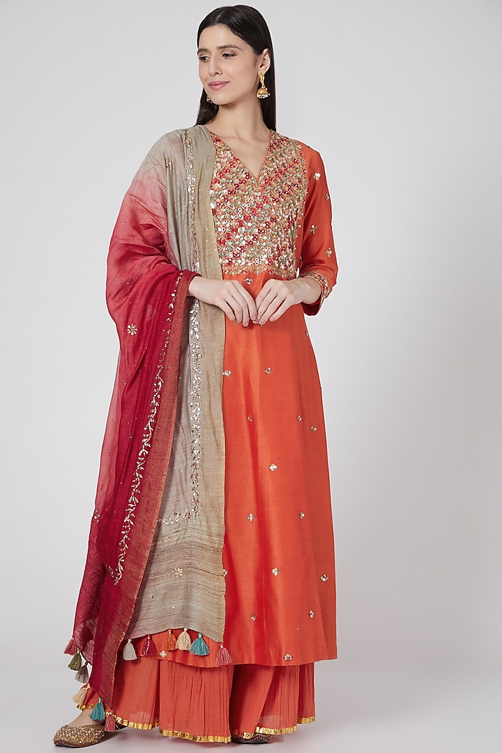 Orange Chanderi Silk Sequins & Mirror Embroidered Kurta Set by Loka By Veerali Raveshia