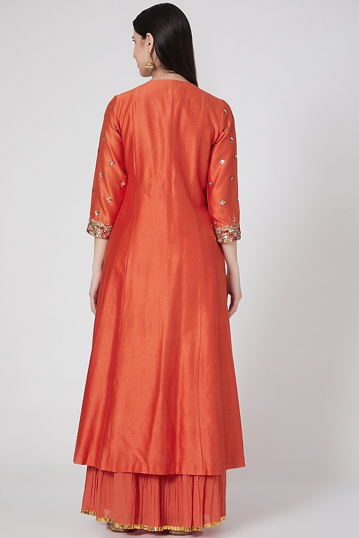 Orange Chanderi Silk Sequins & Mirror Embroidered Kurta Set by Loka By Veerali Raveshia at Pernia's Pop Up Shop