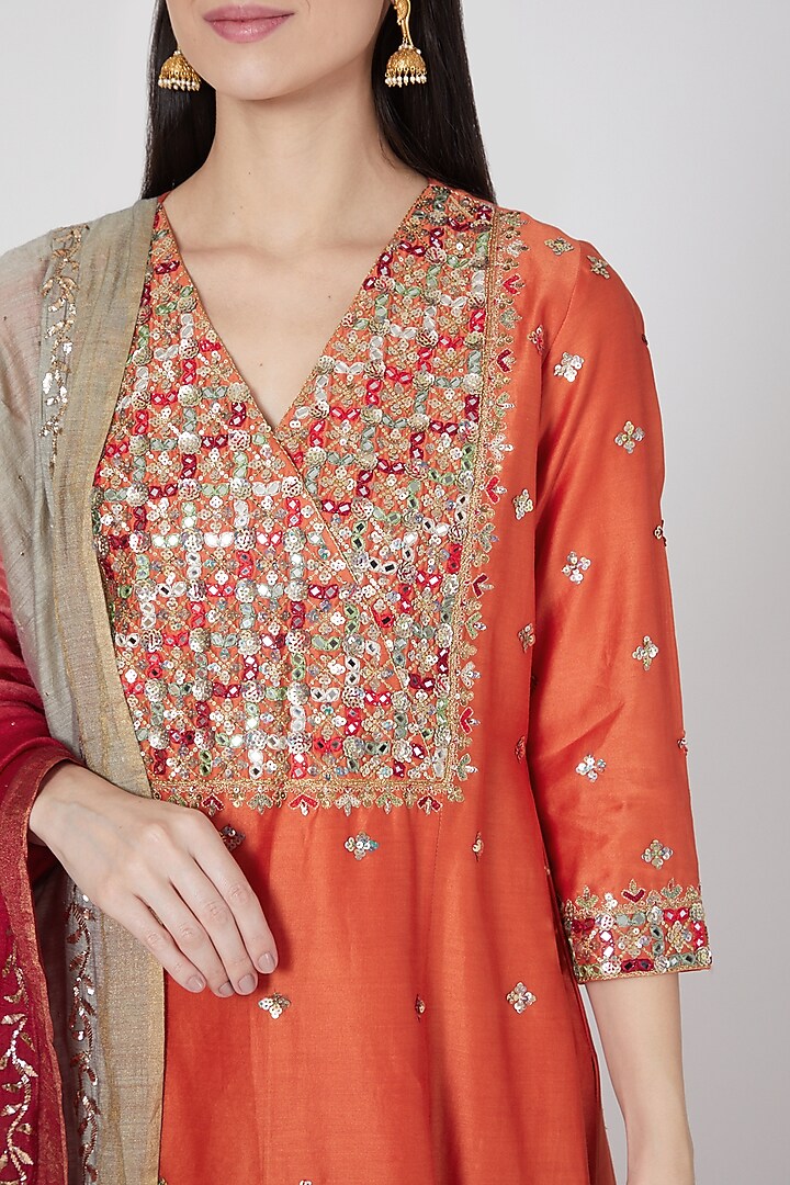 Orange Chanderi Silk Sequins & Mirror Embroidered Kurta Set by Loka By Veerali Raveshia at Pernia's Pop Up Shop
